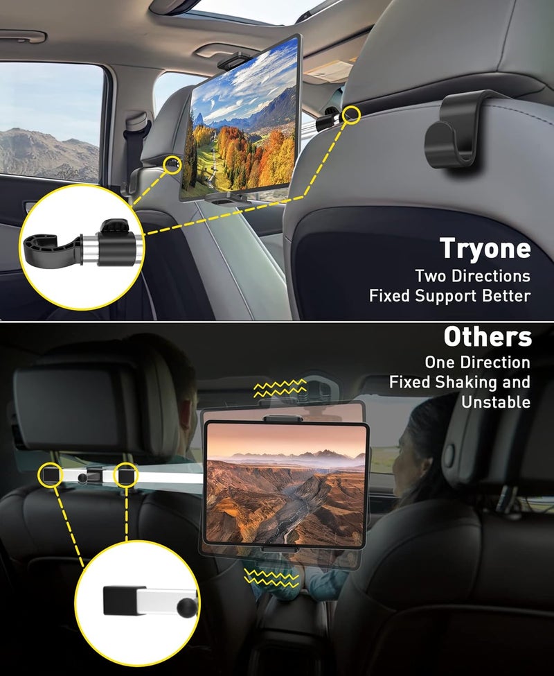 Tryone حامل جهاز لوحي للسيارة لجهاز iPad: حامل جهاز لوحي لمساند الرأس لمقعد السيارة متوافق مع iPad Pro Air Mini | Galaxy Tab | Kindle Fire HD | Switch OLED أو أجهزة أخرى بحجم 4.7-16.1" - Image 2